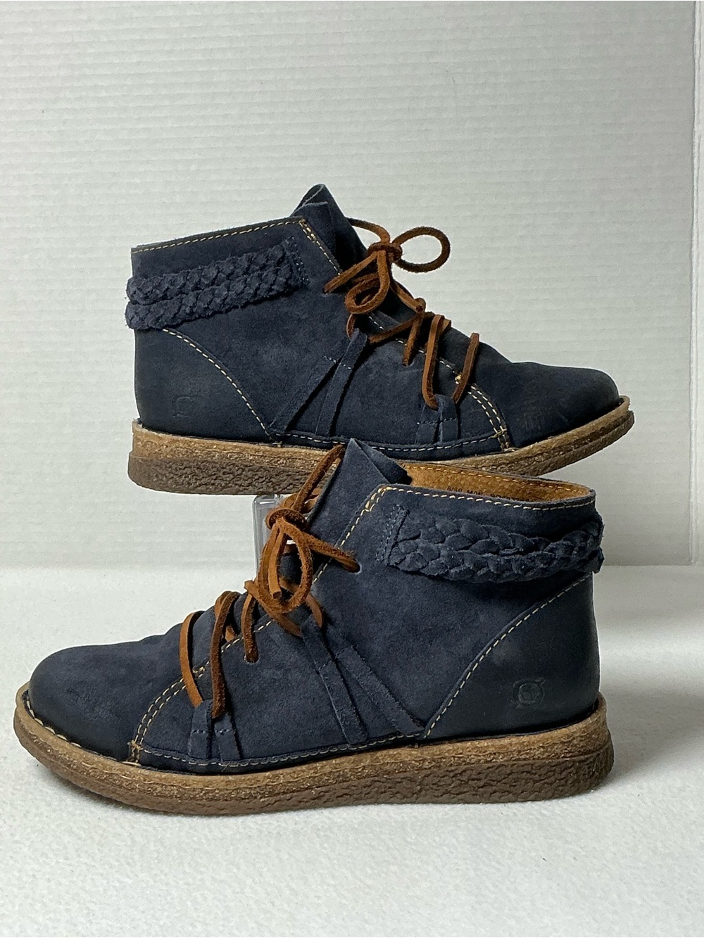 BORN Temple II Navy Leather Braided Boho Ankle Boots 8